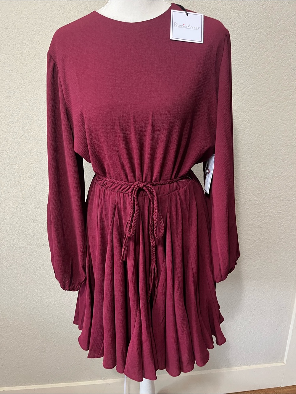 Premier Amour Burgundy Long-Sleeve Tie-Waist Dress